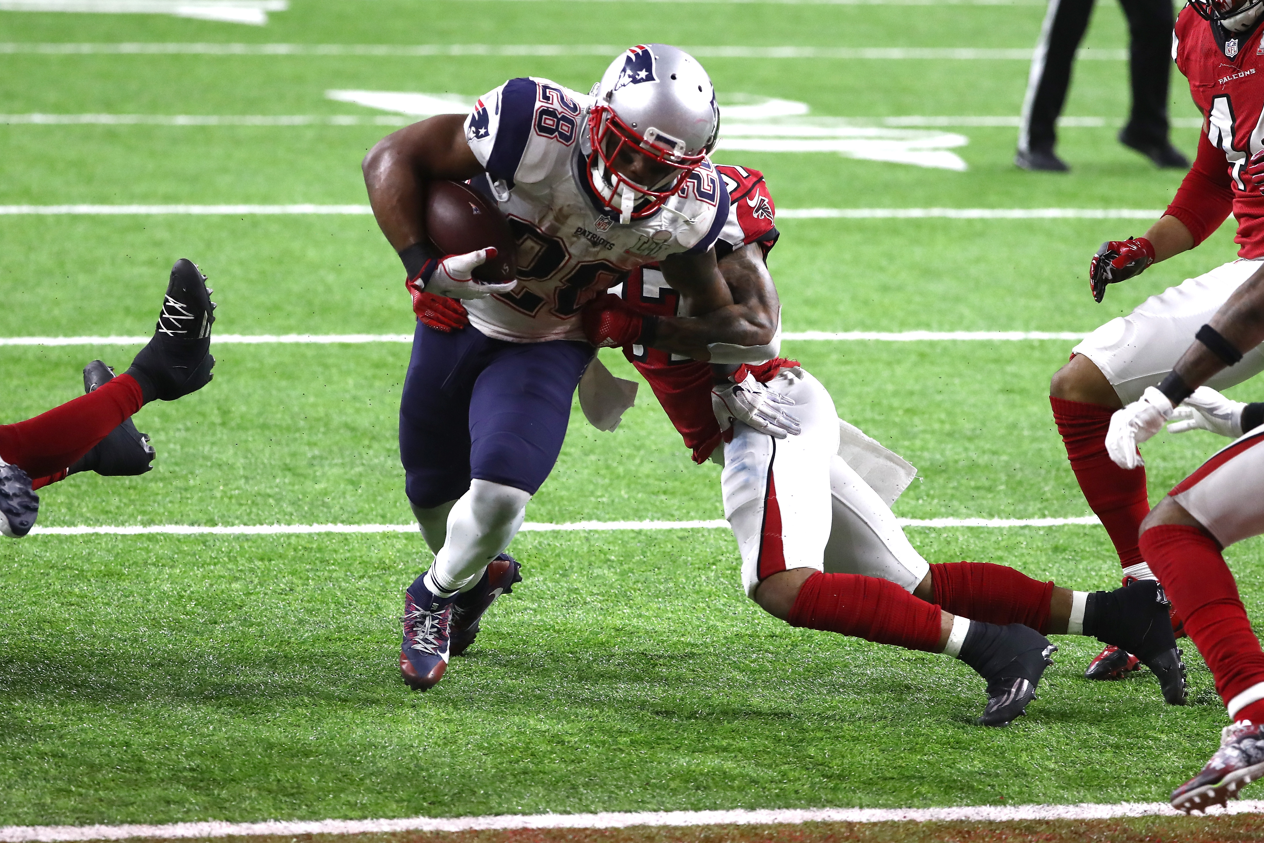 Atlanta Falcons cornerback Brian Poole (34) defends against New England  Patriots wide receiver Julian Edelman during the third quarter at Super  Bowl LI at NRG Stadium in Houston, Texas on February 5